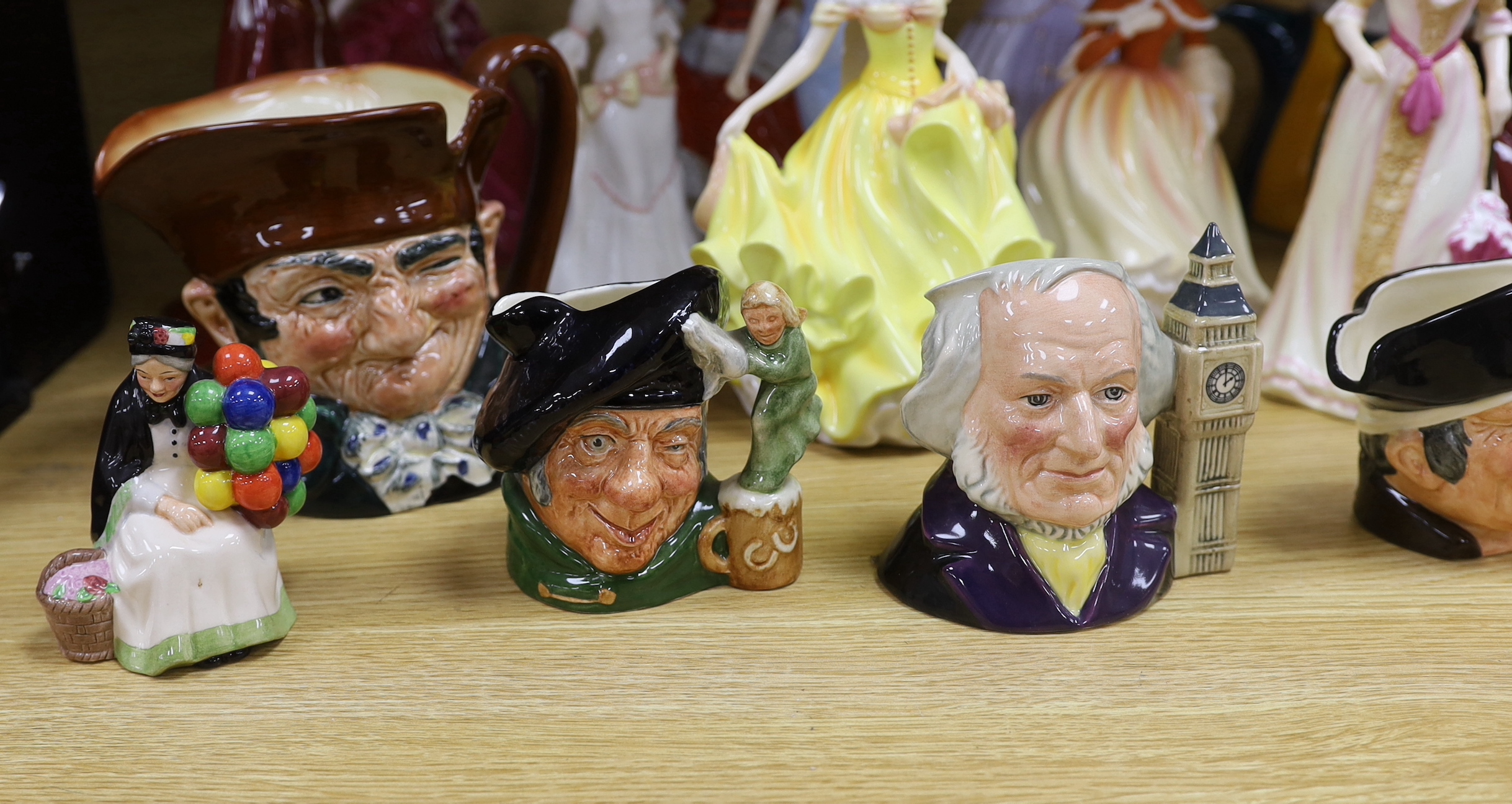 Collection of Royal Doulton, Coalport, Royal Worcester etc. figurines and small character jugs